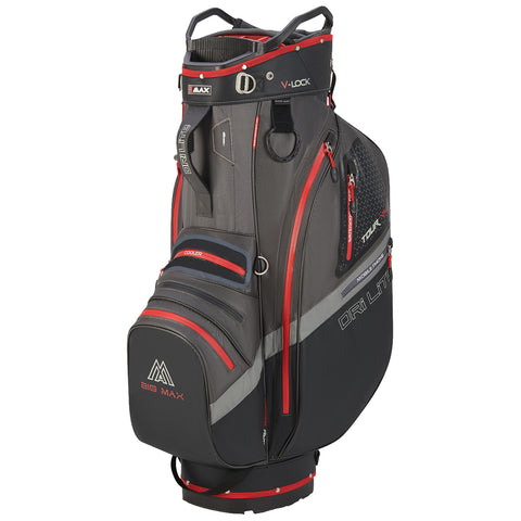 A gray and red golf bag stands upright featuring multiple zippered pockets and a cooler compartment at the side designed for carrying and organizing golf clubs and accessories during play.