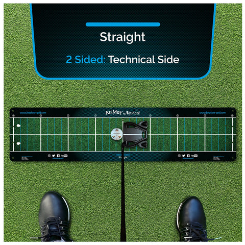 A golf training mat with a straight alignment guide is positioned on grass while a foot in a black golf shoe stands next to it indicating preparation for practice.