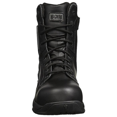A black tactical boot stands upright featuring reinforced toe and ankle support with laces tightly secured showcasing a sturdy design suitable for demanding environments. The background is plain and neutral.