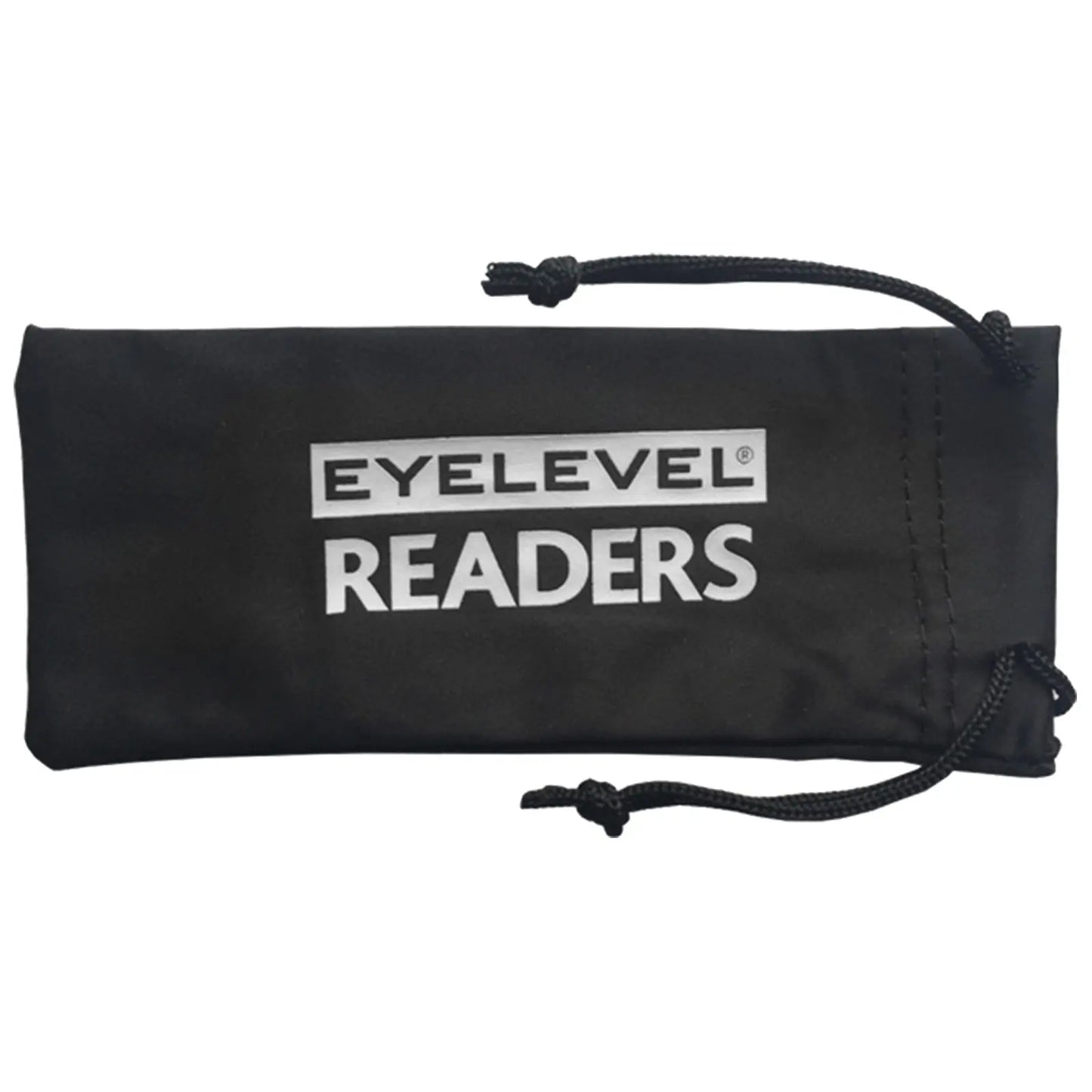 A black pouch labeled EYELEVEL READERS contains reading glasses and is partially closed with a drawstring. It rests on a flat surface, suggesting storage for eyewear.