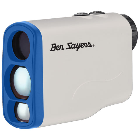 A golf rangefinder is positioned prominently showcasing a white body with blue accents two lenses on the front and buttons on top designed for measuring distances in golfing contexts.