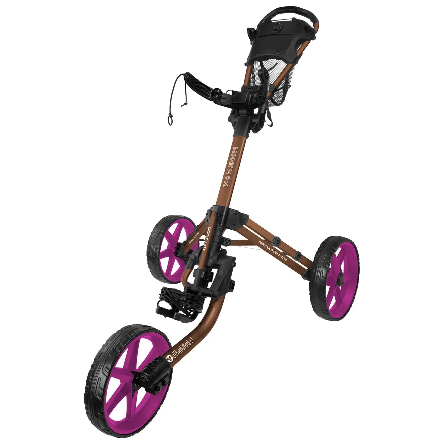 A golf push cart stands upright with three wheels. The cart is brown with purple wheels and features a handlebar for steering, designed for transporting golf clubs on a course.