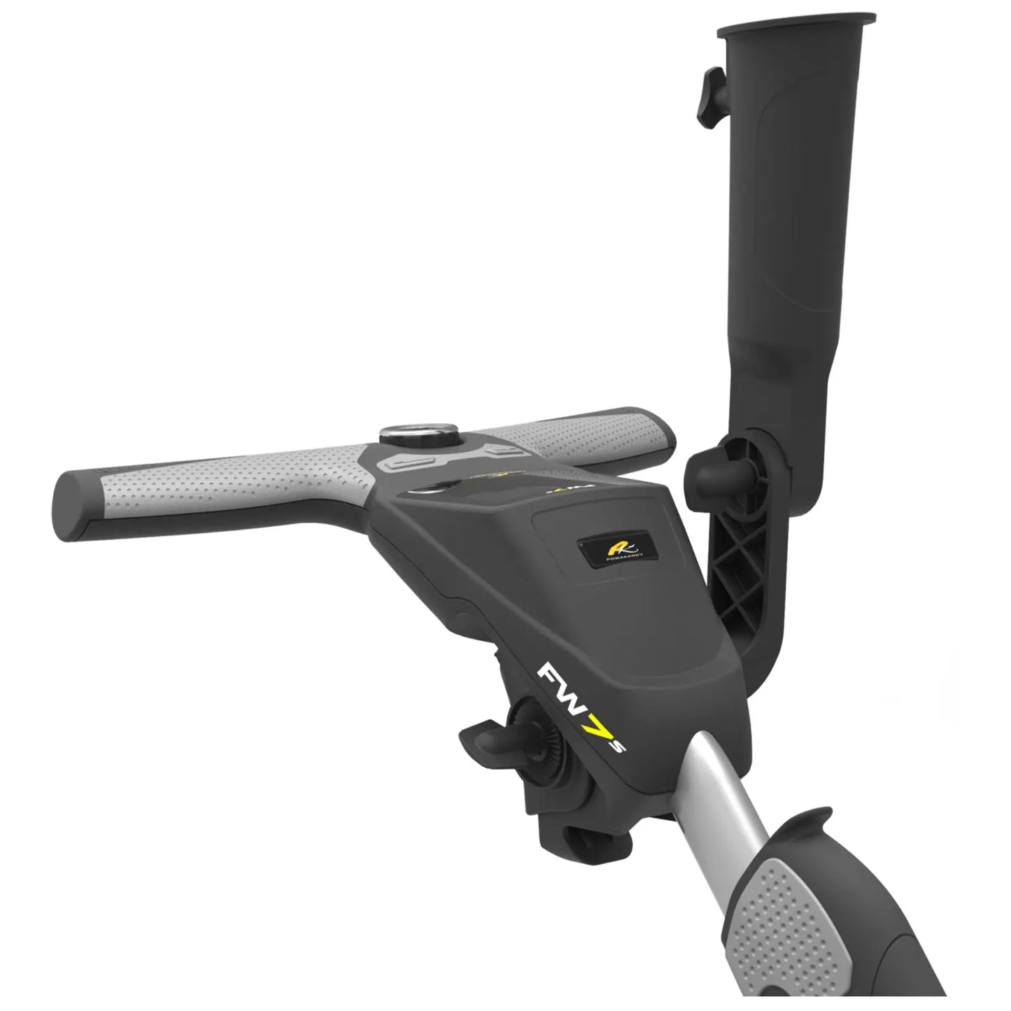 A control handle is positioned with grips and buttons for operation and a tube attachment stands beside it for mounting accessories in a neutral background.