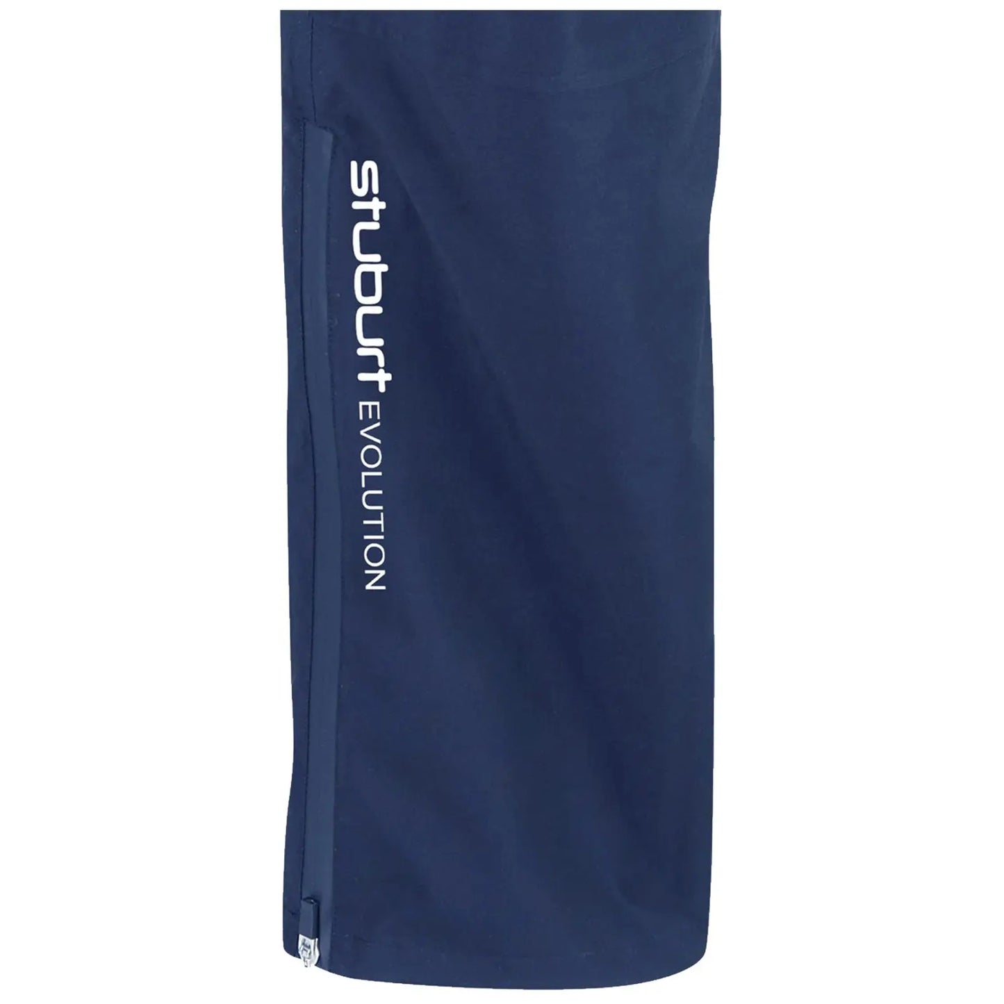 A navy-blue sports garment stands upright featuring a zipper on one side and the text "stuburt EVOLUTION" printed in white along the length, suggesting a stylish, athletic design.