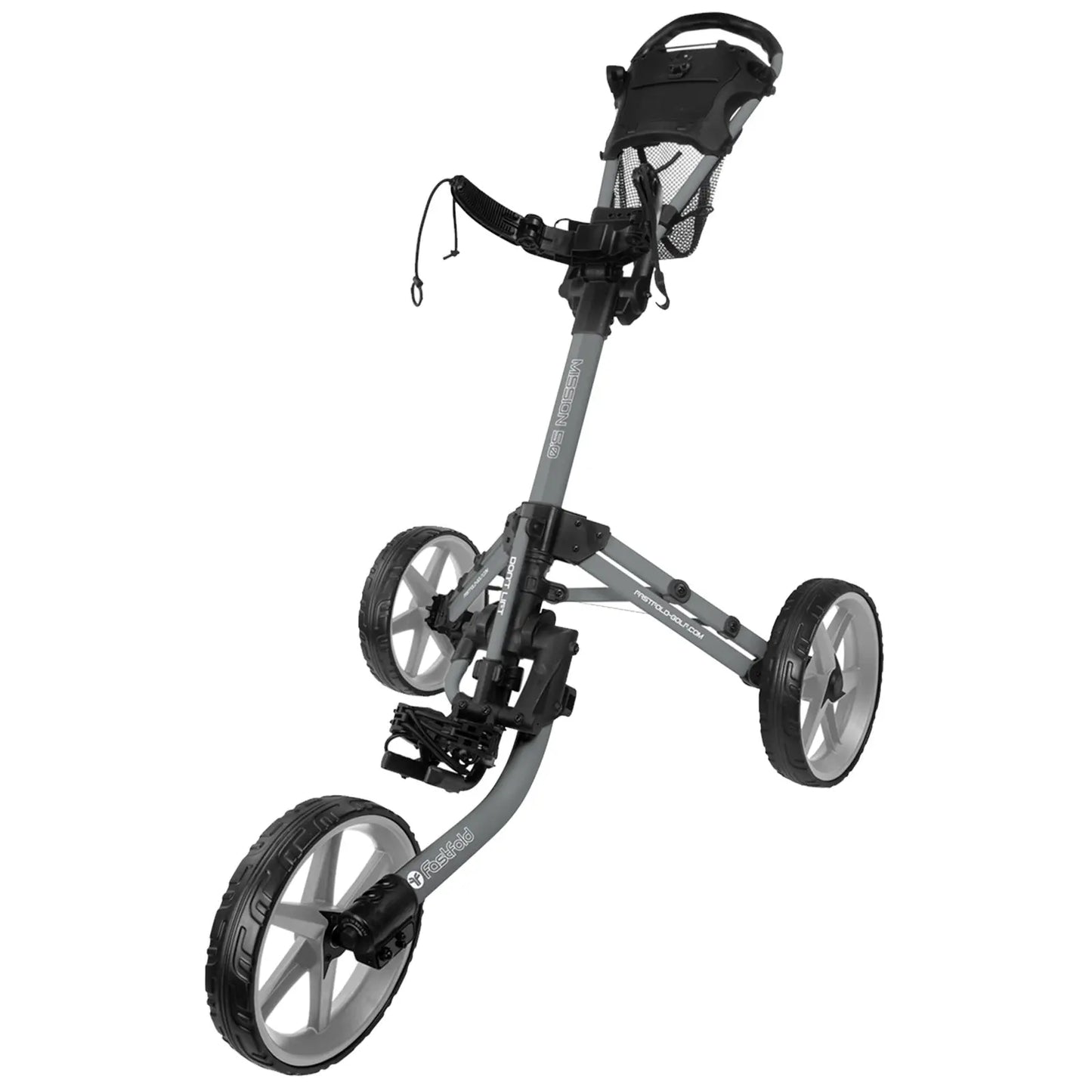 A golf push cart with three wheels stands upright featuring a sturdy frame and a cup holder is designed for transporting golf bags on various terrains.