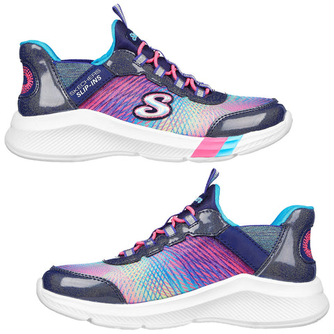 Colorful athletic shoes with a sleek design feature a mixed pattern of blue pink and purple stripes laced with pink and blue accents positioned against a plain white background.