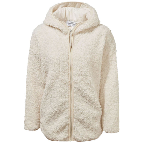A cream-colored fleece jacket with a hood is displayed zipping up the center while its plush texture indicates warmth suitable for cold weather settings.