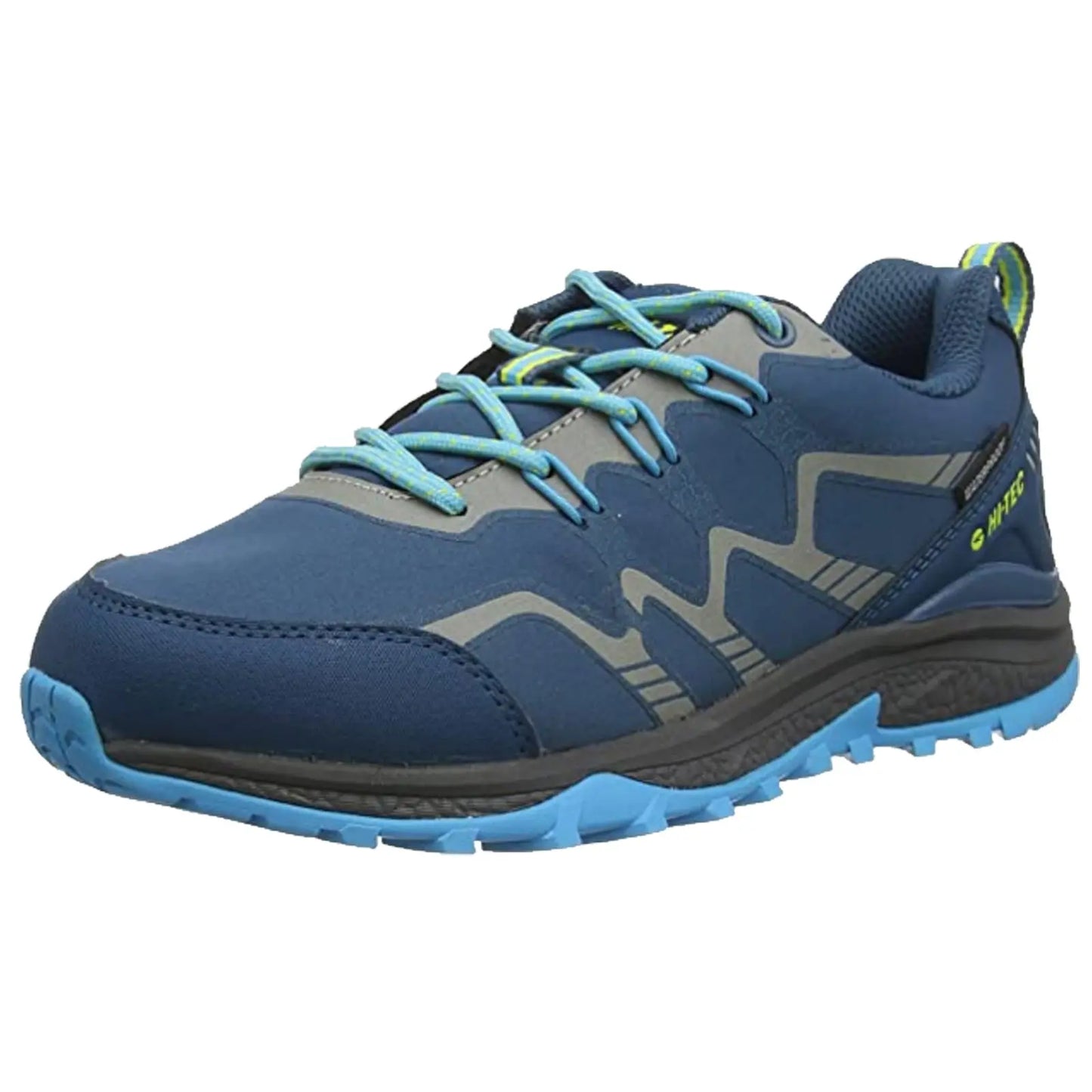 A blue sneaker is positioned upright showcasing a textured surface and contrasting light blue laces with a green accent tag it appears ready for outdoor activities in a casual setting
