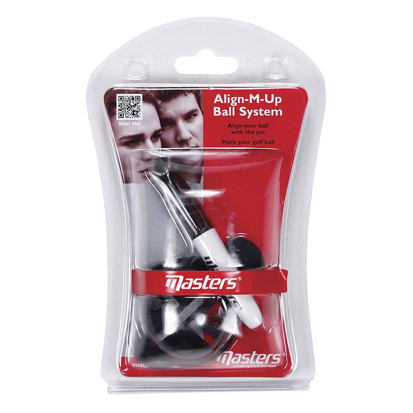 Align-M-Up ball system package displays a black and white marking tool used to align golf balls for accurate shots with two faces in the background and a QR code for scanning.