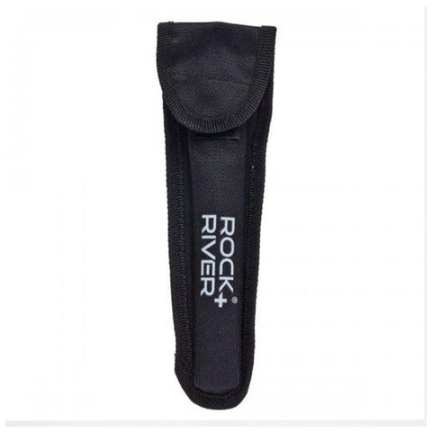 A black fabric pouch with a flap closure holds a long object inside displaying the text ROCK RIVER on its side, suggesting a protective case for a tool or equipment.