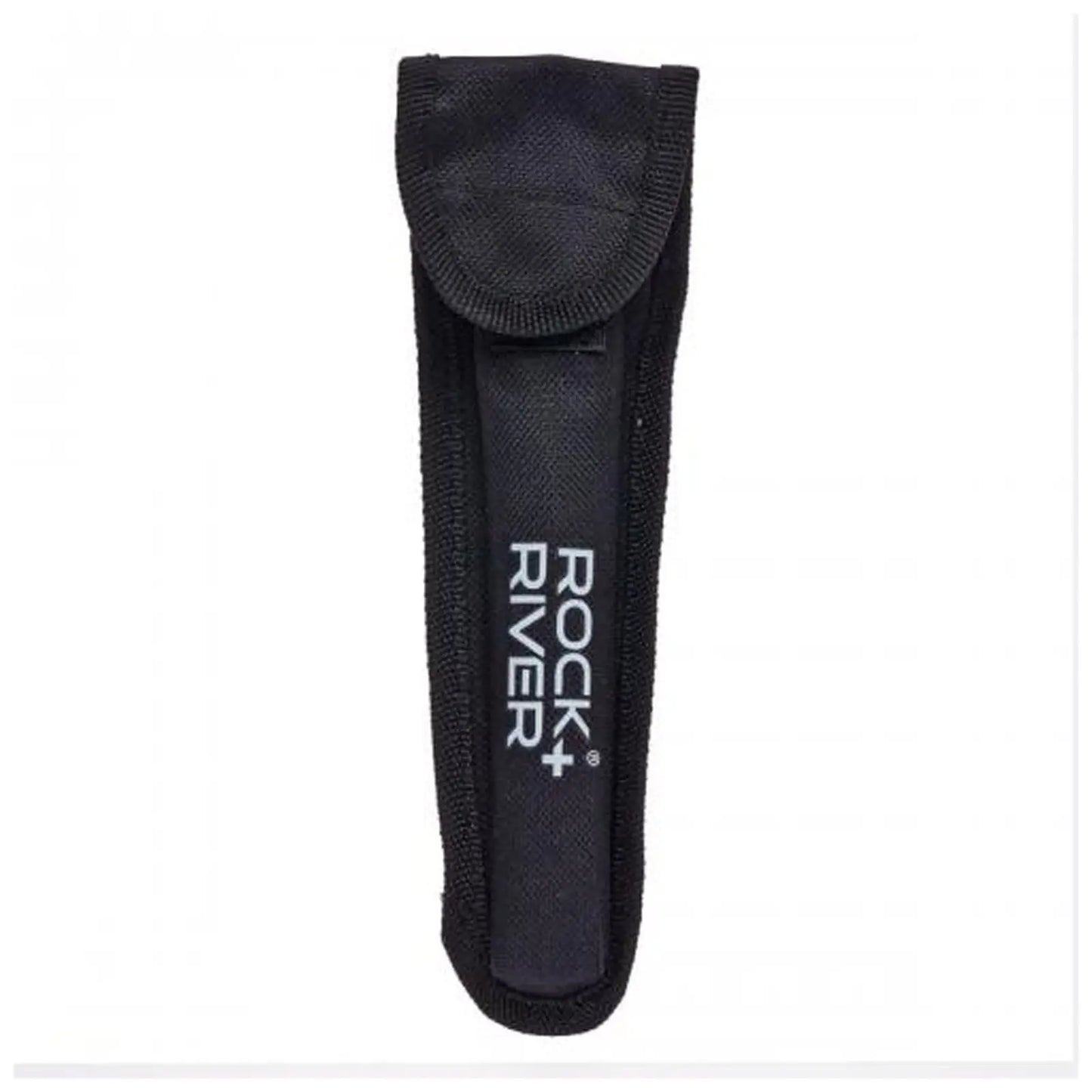A black fabric pouch with a flap closure holds a long object inside displaying the text ROCK RIVER on its side, suggesting a protective case for a tool or equipment.