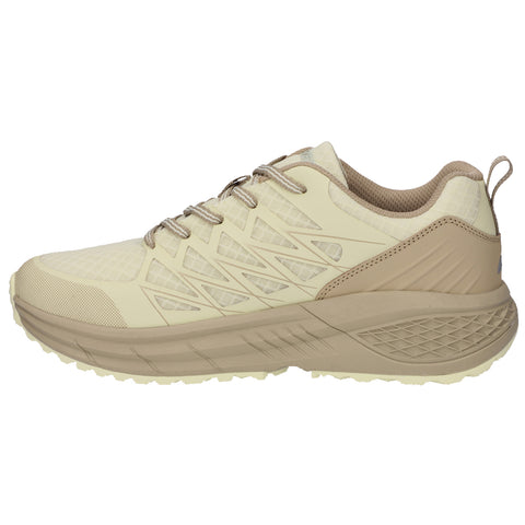 A light-colored athletic shoe features a textured upper with mesh panels and contrasting overlays while sitting on a neutral backdrop designed for comfort and support during physical activity.