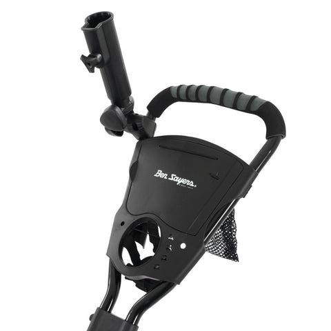 A black golf trolley featuring a handle with a textured grip a mount for an accessory and a compartment for holding items with the logo Ben Sayers visible on the panel
