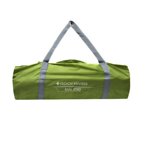 A green cylindrical bag with gray straps labeled ROCK RIVER Inis 200 is displayed prominently on a white background suggesting it is designed for camping or outdoor use.
