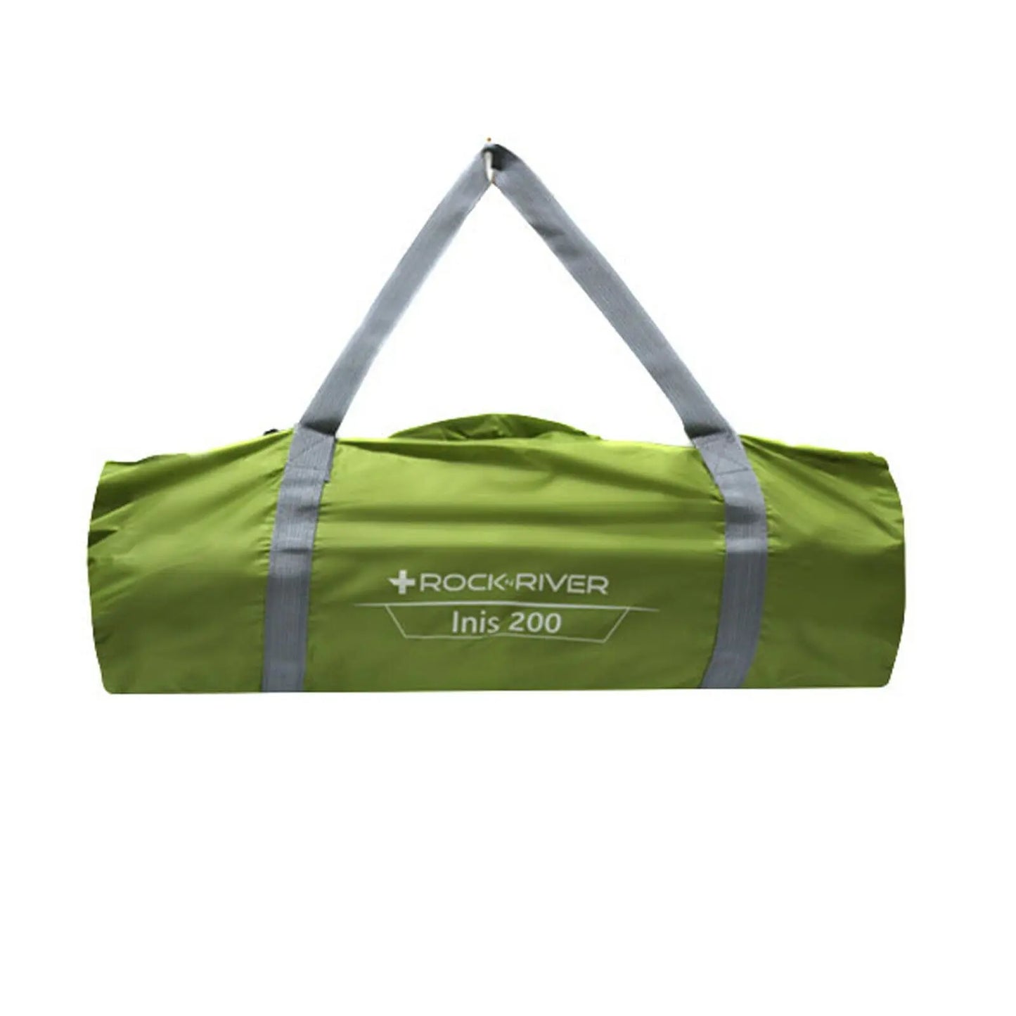 A green cylindrical bag with gray straps labeled ROCK RIVER Inis 200 is displayed prominently on a white background suggesting it is designed for camping or outdoor use.