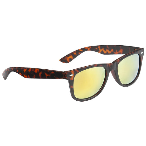Stylish sunglasses with a tortoiseshell frame and reflective yellow-green lenses are positioned slightly askew against a plain background suggesting a casual or fashionable context.