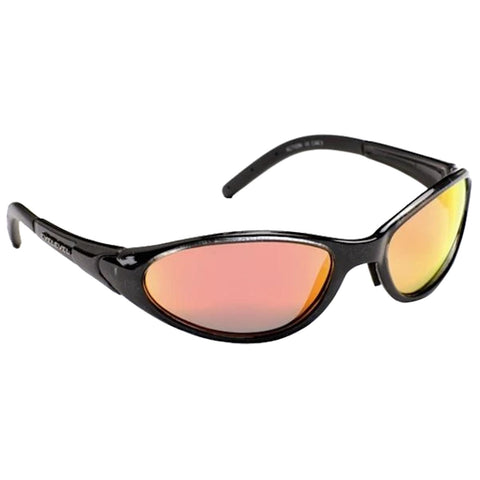 Sunglasses with a sleek black frame feature tinted lenses that reflect shades of orange and yellow resting on a flat surface ready for use in bright conditions
