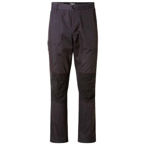 Dark outdoor pants with reinforced patches on knees are displayed standing upright against a white background, featuring a button closure and pockets designed for durability and comfort in active settings.