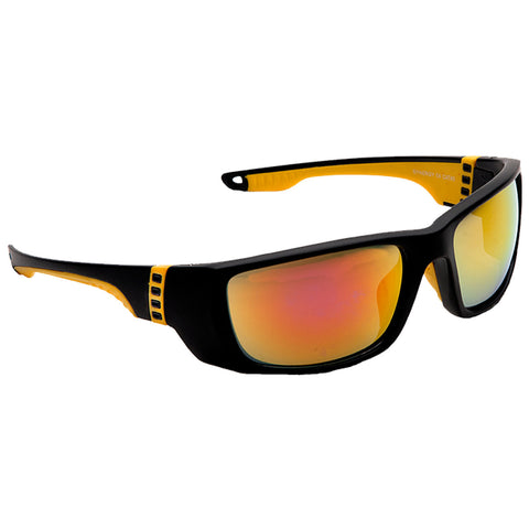 Black and yellow sunglasses rest at an angle showing their mirrored lenses reflecting shades of orange they are designed for protection against sunlight in outdoor environments