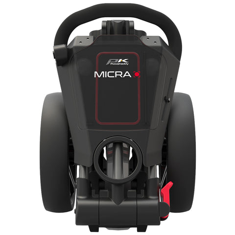A compact golf trolley is positioned upright showcasing its rear view with a black and red design featuring large wheels and a handle for maneuvering in a golf course environment.