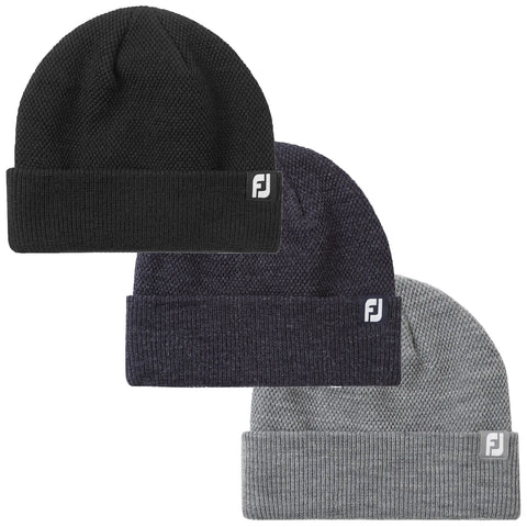 Three knitted beanies displayed in a stack featuring black dark gray and light gray colors each with a folded brim and a logo tag on the front.