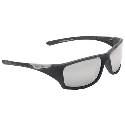 Black sunglasses with a sleek design and reflective lenses are positioned against a neutral background conveying a modern and sporty style suitable for outdoor activities.
