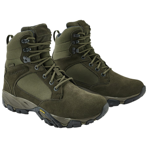 Two green tactical boots are positioned side by side highlighting their high tops and lacing features designed for outdoor activities set against a plain white background