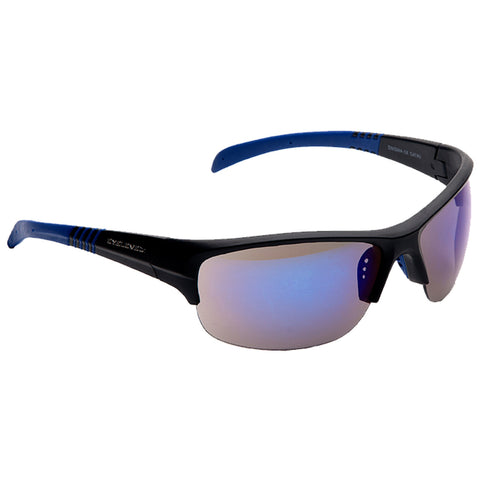 Sunglasses with a black frame and blue accents rest at an angle showcasing mirrored lenses reflecting light which suggests outdoor use or sports activities in a sunny environment.