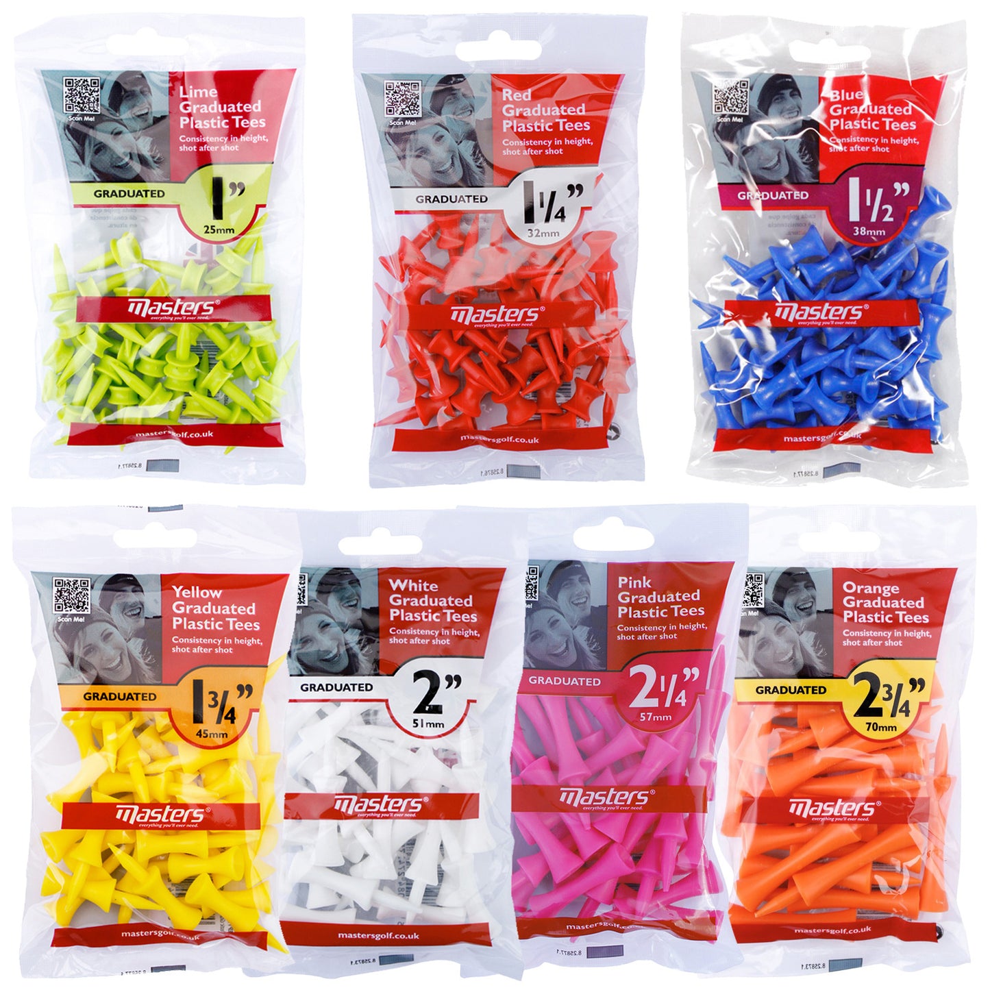 Colorful plastic golf tees in assorted sizes are packaged in clear bags with labels indicating their height and brand. Each bag shows graduated measurements for consistency in use.