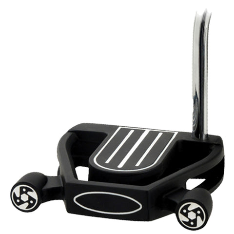 A black golf putter with a flat hitting surface and a sleek design rests on a flat surface featuring two circular wheels at the front emphasizing its stability and functionality.