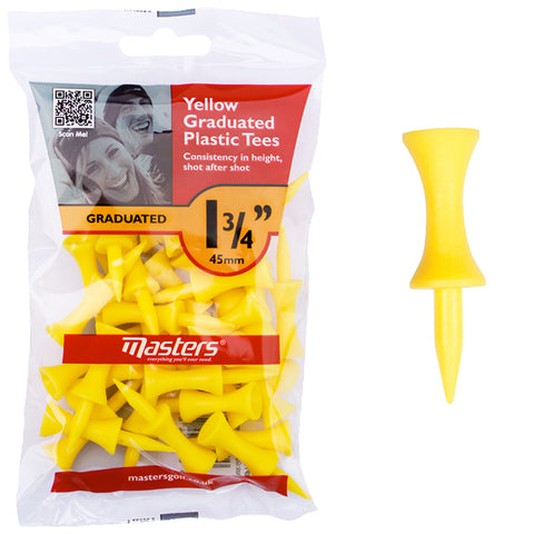 A plastic package contains multiple yellow graduated golf tees designed to provide consistent height for each shot these tees are used in golf gameplay and practice sessions.