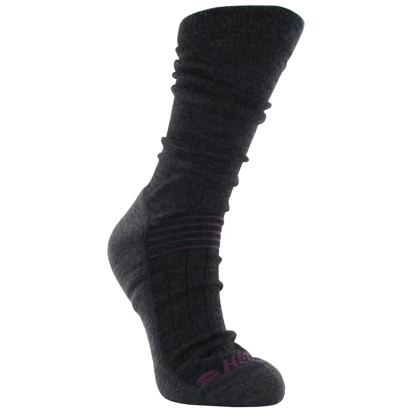 A single dark gray sock is upright showcasing textured knit patterns and a reinforced heel the sock is likely positioned against a neutral background suggesting preparation for wear.