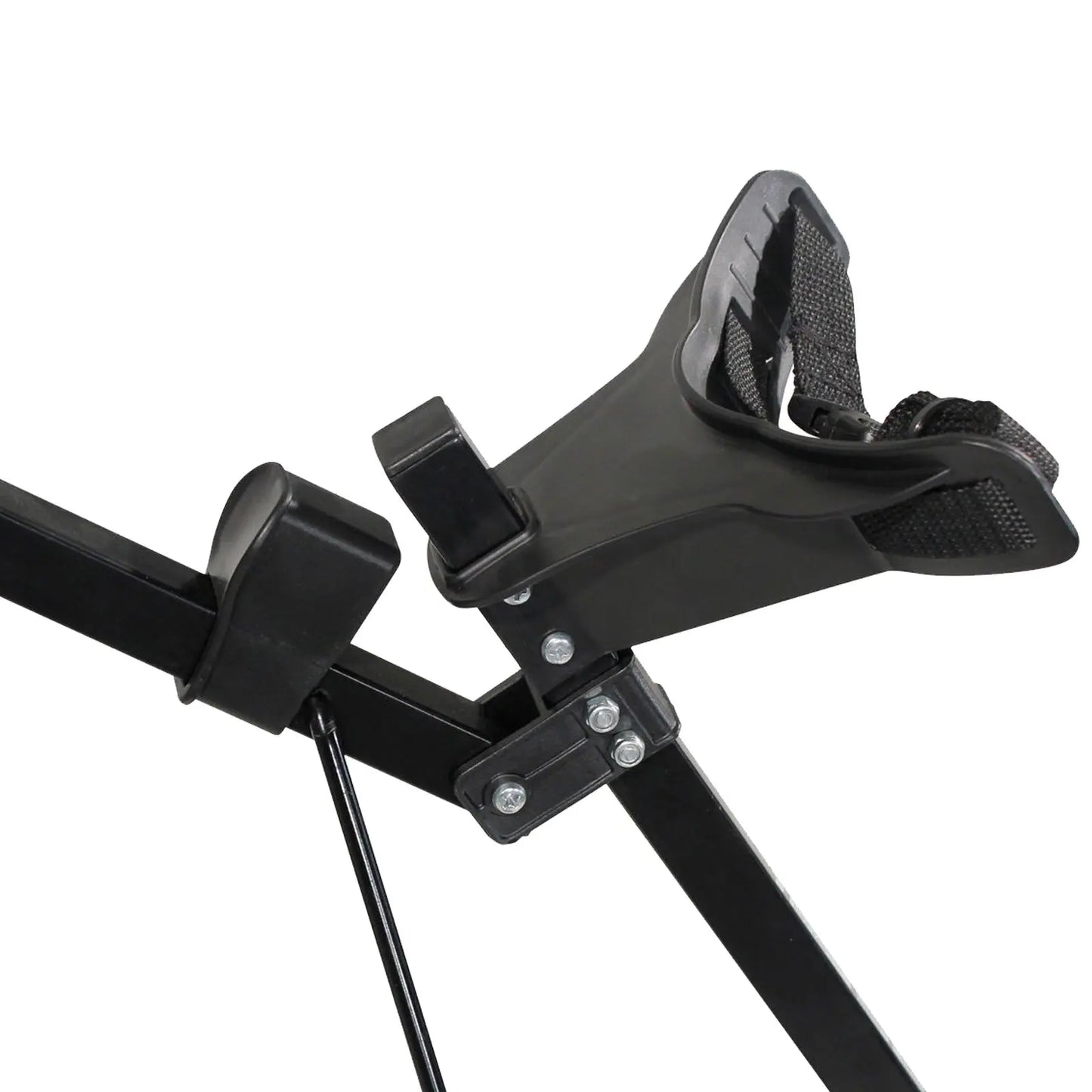A black adjustable seat support with a padded shoulder strap is positioned at an angle on a metal frame designed for secure seating in a fitness or recreational context.