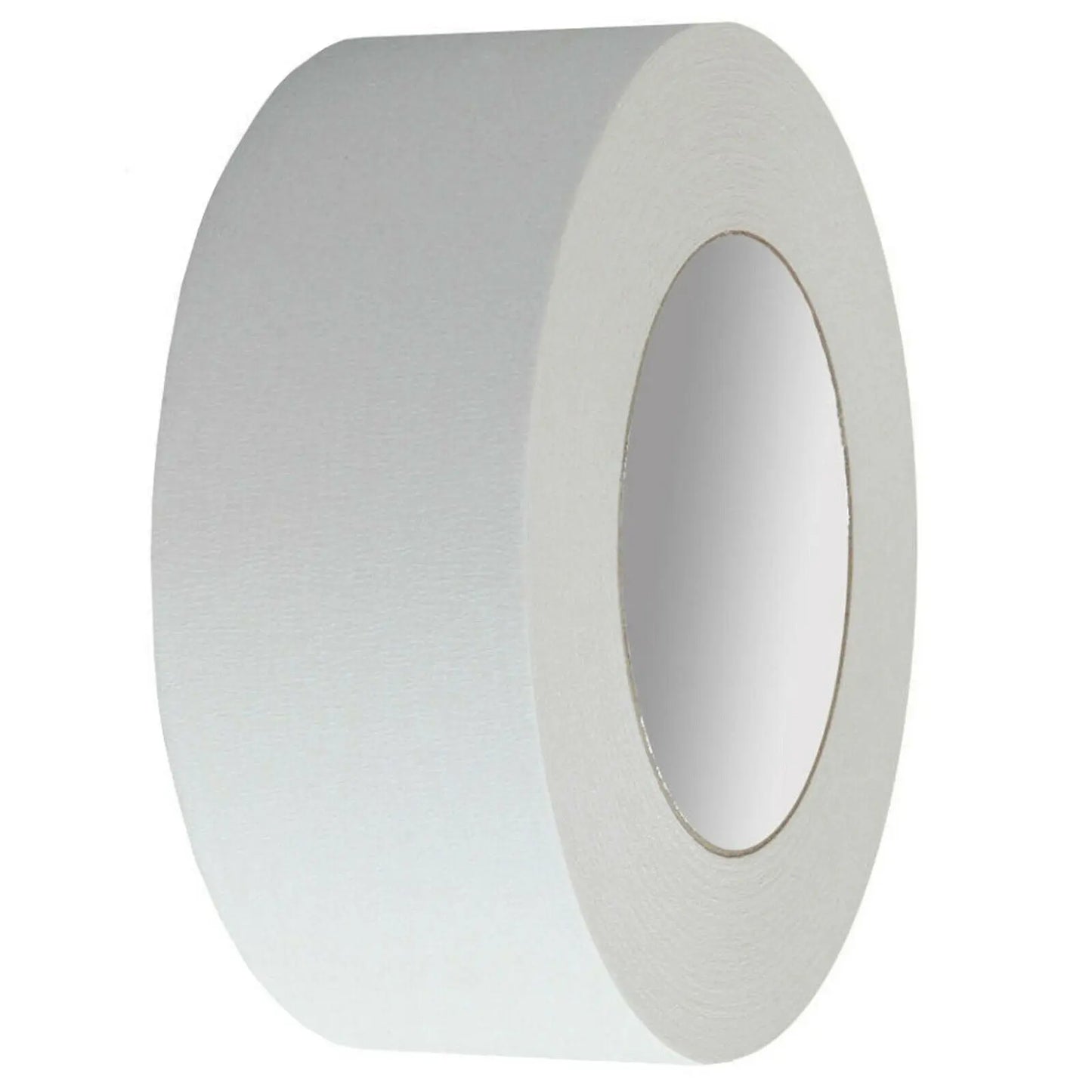 A roll of white masking tape is upright resting on a flat surface showcasing its cylindrical shape and smooth texture designed for various crafting and painting applications.