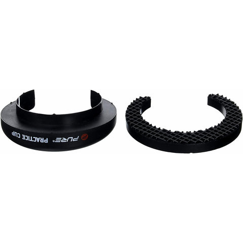 A black plastic lens hood and cap are displayed side by side with a matte finish and textured grip indicating their use for camera equipment in a photography context.