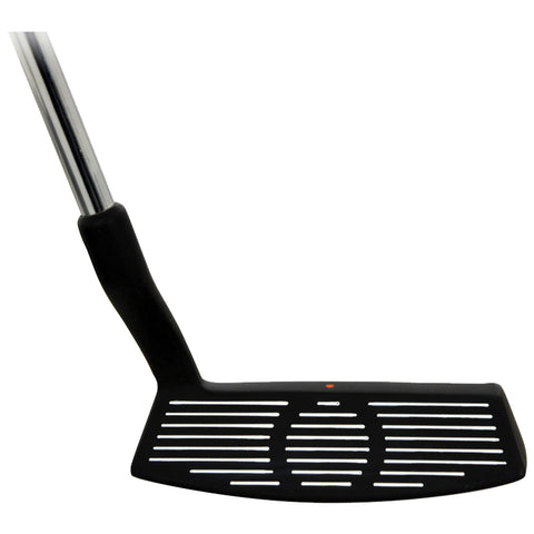 A golf putter is positioned upright with a flat black head featuring horizontal grooves and a central dot while resting on a white background indicating a clean and focused presentation