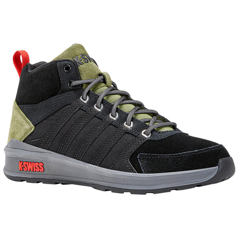 A black and olive high-top sneaker features a lace-up design with metallic eyelets and a textured surface along the sides highlighting the K-Swiss logo prominently on the heel.