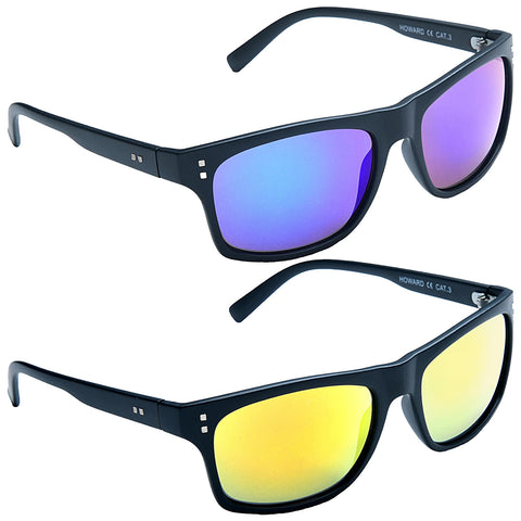 Black sunglasses are displayed two pairs with mirrored lenses one features a blue tint while the other has a yellow tint they are presented against a plain background