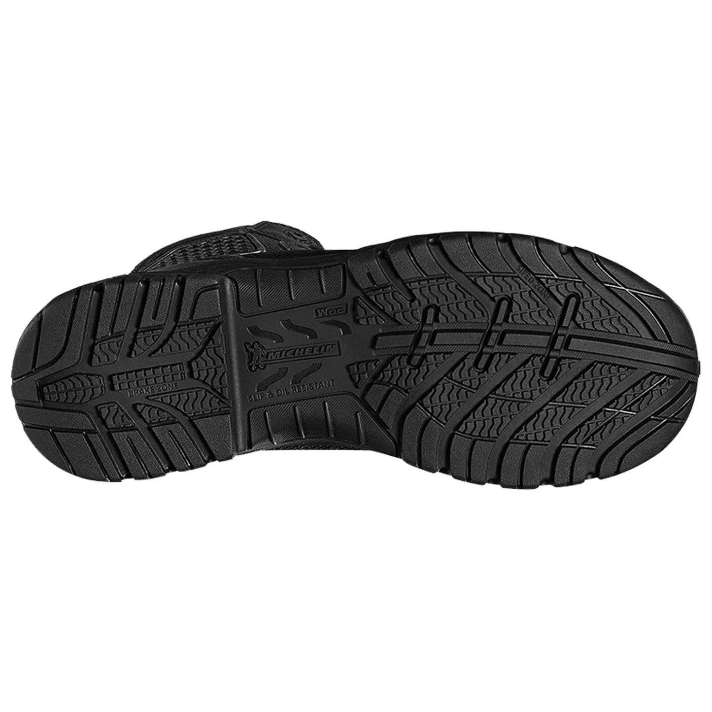 A black shoe sole displays a tread pattern designed for traction and stability. The context suggests it is meant for durability and slip resistance in various environments.