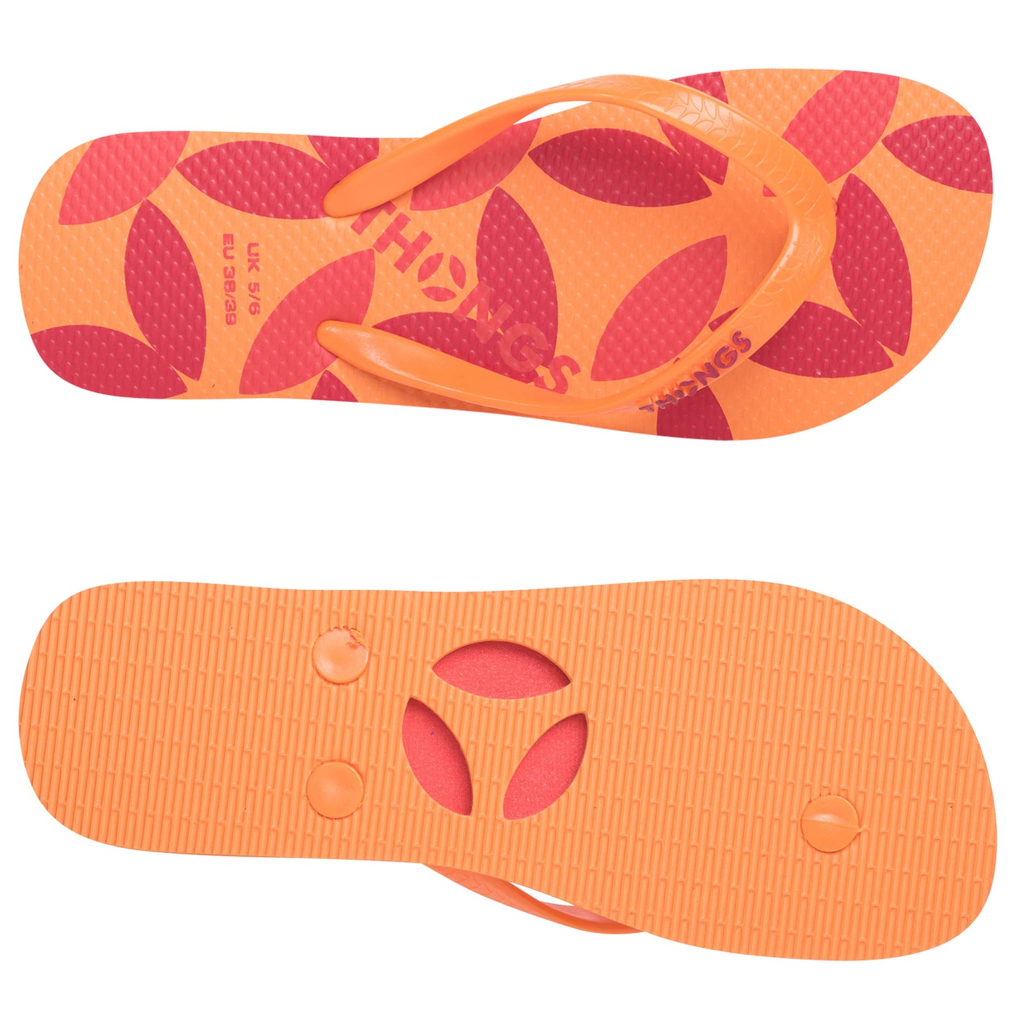 A pair of orange flip-flops with a floral patterned top and a textured sole are displayed, showcasing their design and color while demonstrating casual beachwear for warm weather environments.