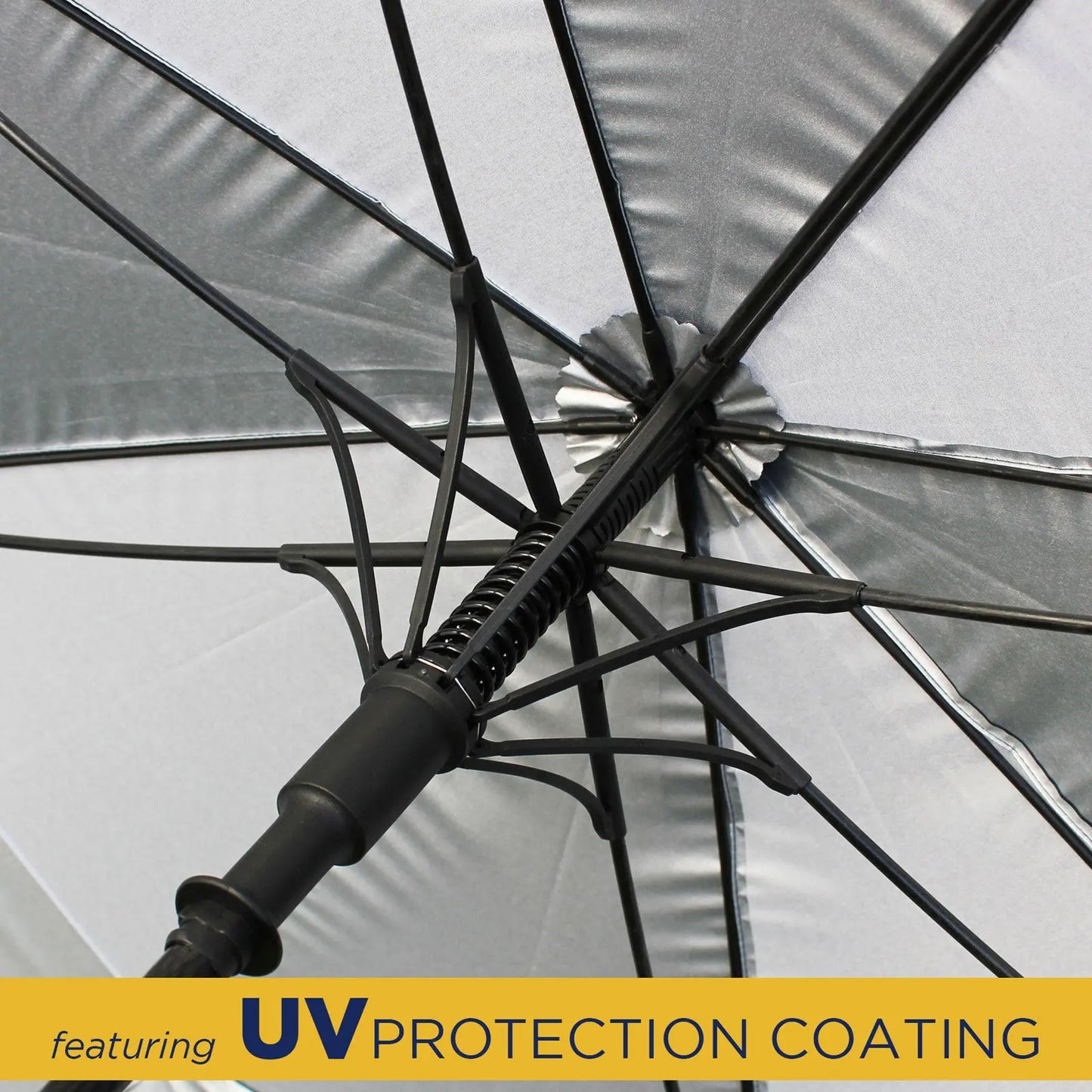 A silver umbrella with a black frame is displayed with its structure visible showing the ribs and handle while emphasizing UV protection coating on a yellow banner.