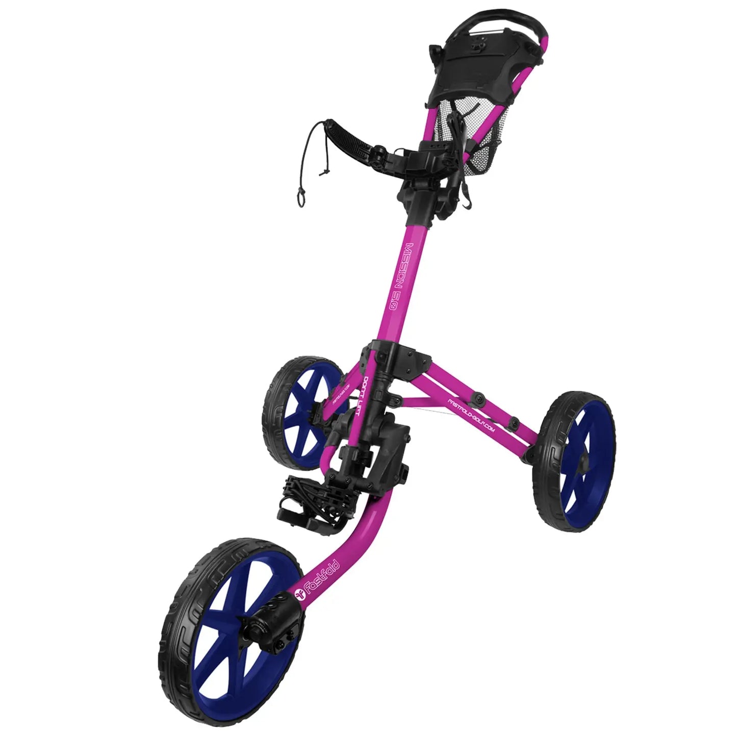 A pink golf push cart with three wheels is positioned upright showcasing its handle and a mesh storage compartment while standing on a flat surface, ready for use on a golf course.