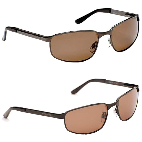 A pair of sunglasses styled with a sleek frame and brown lenses rests horizontally and vertically side by side against a white background, showcasing their modern design and functionality.