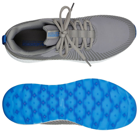 A grey golf shoe is displayed from the top and bottom perspectives showcasing its laced upper and textured blue sole designed for grip and comfort in outdoor environments.