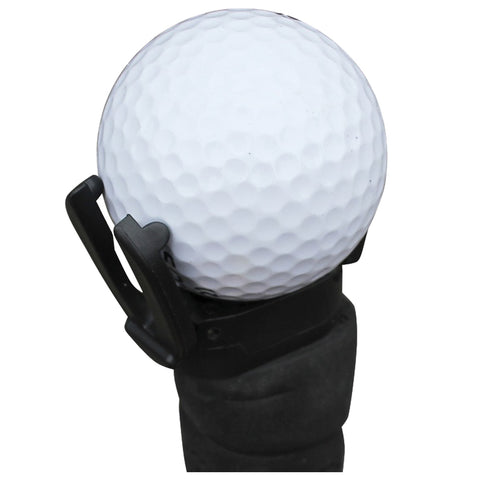 A white golf ball is positioned atop a black tee holder designed for stability in outdoor golf settings. The focus is on the ball, ready for a swing.