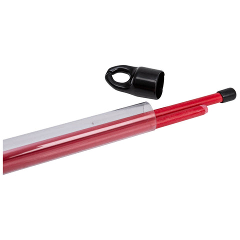 Red marking pen partially extended from a transparent plastic tube with a black cap removed nearby on a plain background. The pen's tip appears pointed and ready for use.