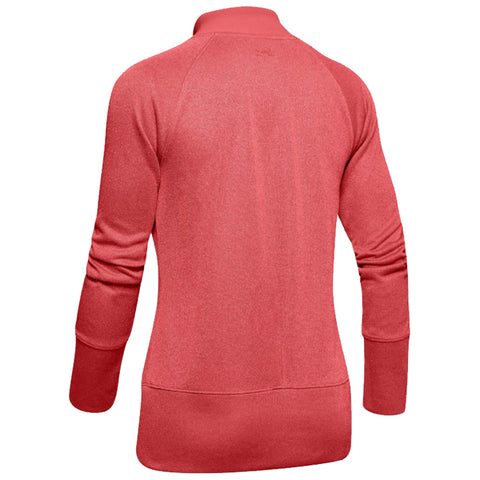 A red long-sleeve pullover is displayed facing away showing a collar and structured sleeves with a relaxed fit suitable for casual wear or exercise in an indoor setting.