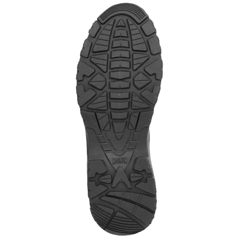 A rubber shoe sole is displayed with a detailed tread pattern designed for traction and support resting on a plain light background.