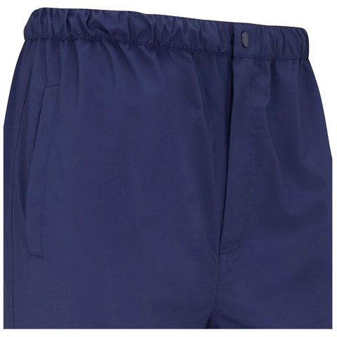 Navy blue shorts feature an elastic waistband with a button closure and side pockets visible in the fabric which appears smooth and lightweight suitable for casual or athletic wear.