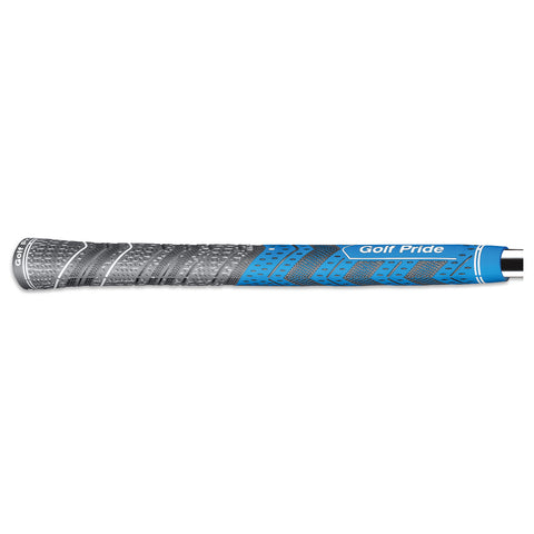 A golf club grip is displayed horizontally featuring a textured silver and blue design with the inscription Golf Pride it is designed for improved handling and comfort during play